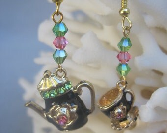 Black Tea Pot and Cup with Pink n Green Crystals Earrings