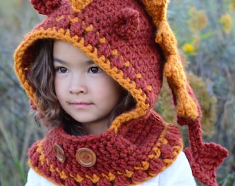 CROCHET PATTERN - Lucky Dragon Hood & Cowl - chunky crochet dragon hooded cowl pattern (Toddler/Child/Adult sizes) - Instant PDF Download
