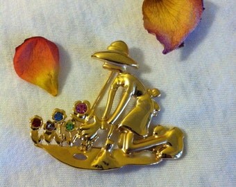 Gardening Lovers Pin Vintage Gold Lady Tending Her Garden Brooch Woman and Flowers Figural Pin With Red Purple Blue Green Pink Rhinestones