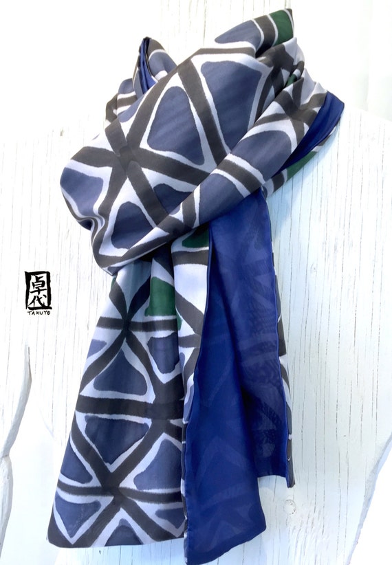 Mens Silk Scarf Handpainted Mens Gift Blue Silk Scarf Gray