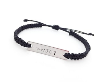 Wwjd bracelet, waxed cotton bracelet, macrame bracelet, engraved bracelet, adjustable bracelet