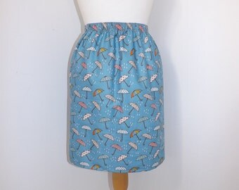 Handmade high waisted skirt made with umbrella rain raining blue fabric