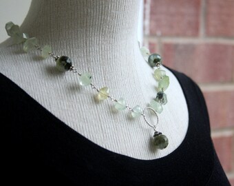 Prehnite necklace, gemstone necklace, sterling silver and prehnite necklace, wire wrapped, prehnite, statement necklace