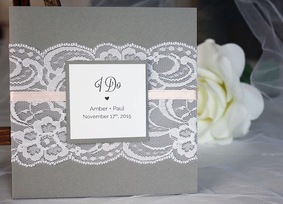 Grey and Blush Lace Wedding Invitations