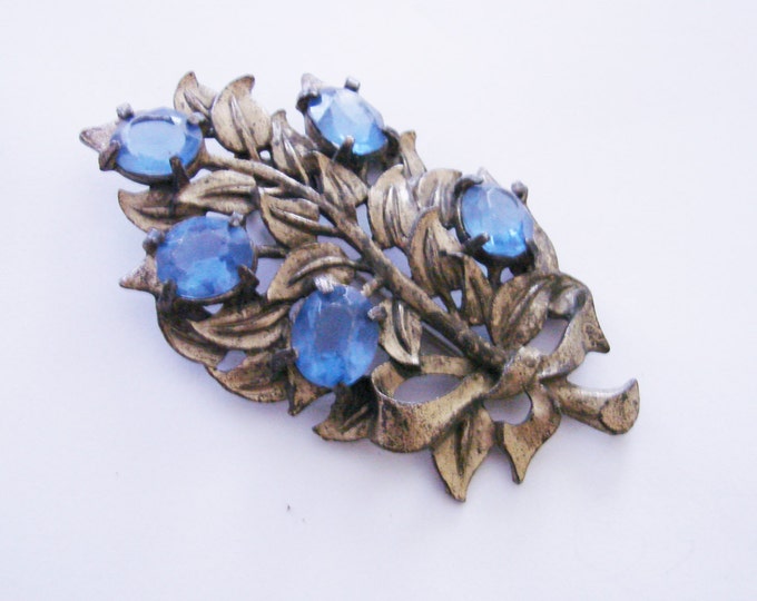 Antique Art Deco Floral Pot Metal Brooch / Faux Sapphire Blue Faceted Lucite Stones / Vintage / Jewelry / Jewellery