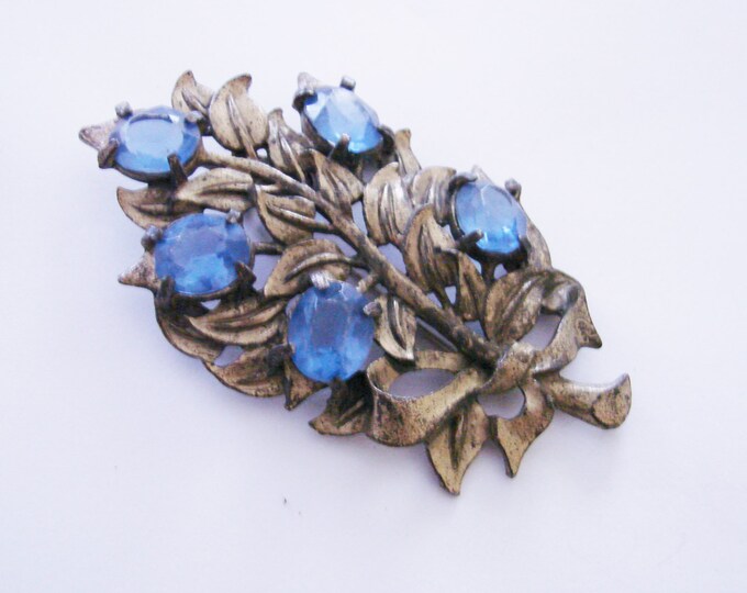 Antique Art Deco Floral Pot Metal Brooch / Faux Sapphire Blue Faceted Lucite Stones / Vintage / Jewelry / Jewellery