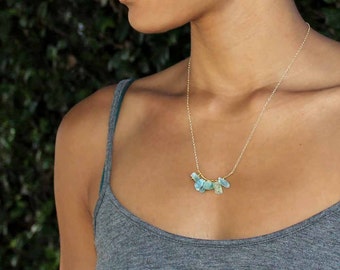 Raw Aquamarine Necklace. 5 Rough Aquamarine, Amethyst, Tourmaline, Citrine, or Chrysoprase Nuggets. Gold Fill or Sterling Silver. NS-1925