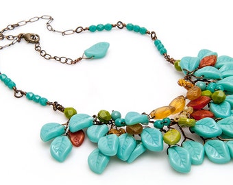 Turquoise Boho Bib Necklace, Turquoise Leaf Necklace, Turquoise Boho Necklace, Nature Jewelry, Beaded Necklace, Statement Necklace, CPJ N533