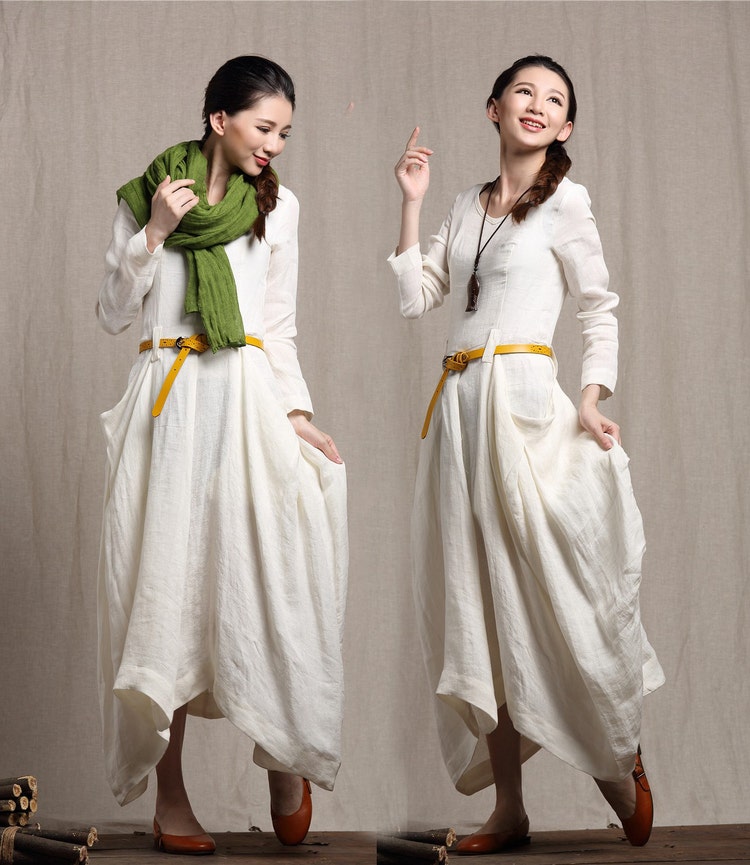 white linen dress / ruffle dress / long linen by camelliatune