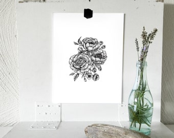 Floral Bouquet Botanical Floral Pen and Ink Hand Drawn