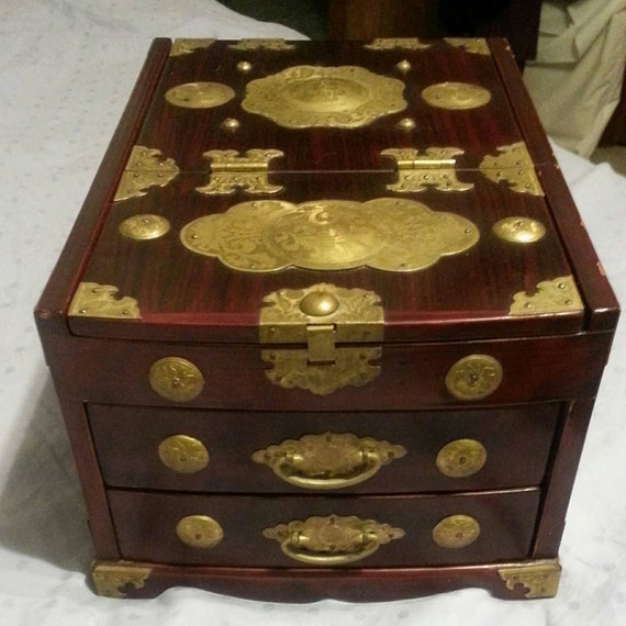 Vintage Korean Jewelry Chest Jewelry Box with Bevelled Mirror