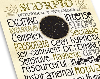 Scorpio Zodiac Print -- Astrology Traits -- Ready-to-Frame Fun Typography Design Poster. Choose 8x10 or 11x14