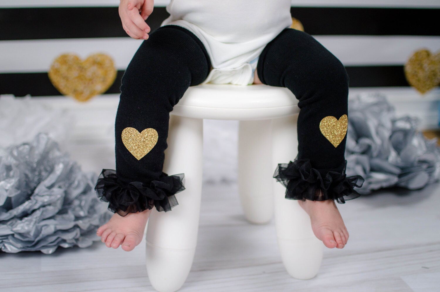Baby Girl Leg Warmers Black Gold Glitter Heart Leggings Baby
