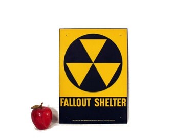 Vintage 1960s Fallout Shelter Sign - Industrial Galvanized Metal - Cold War - Reflective - Black - Yellow - New Old Stock