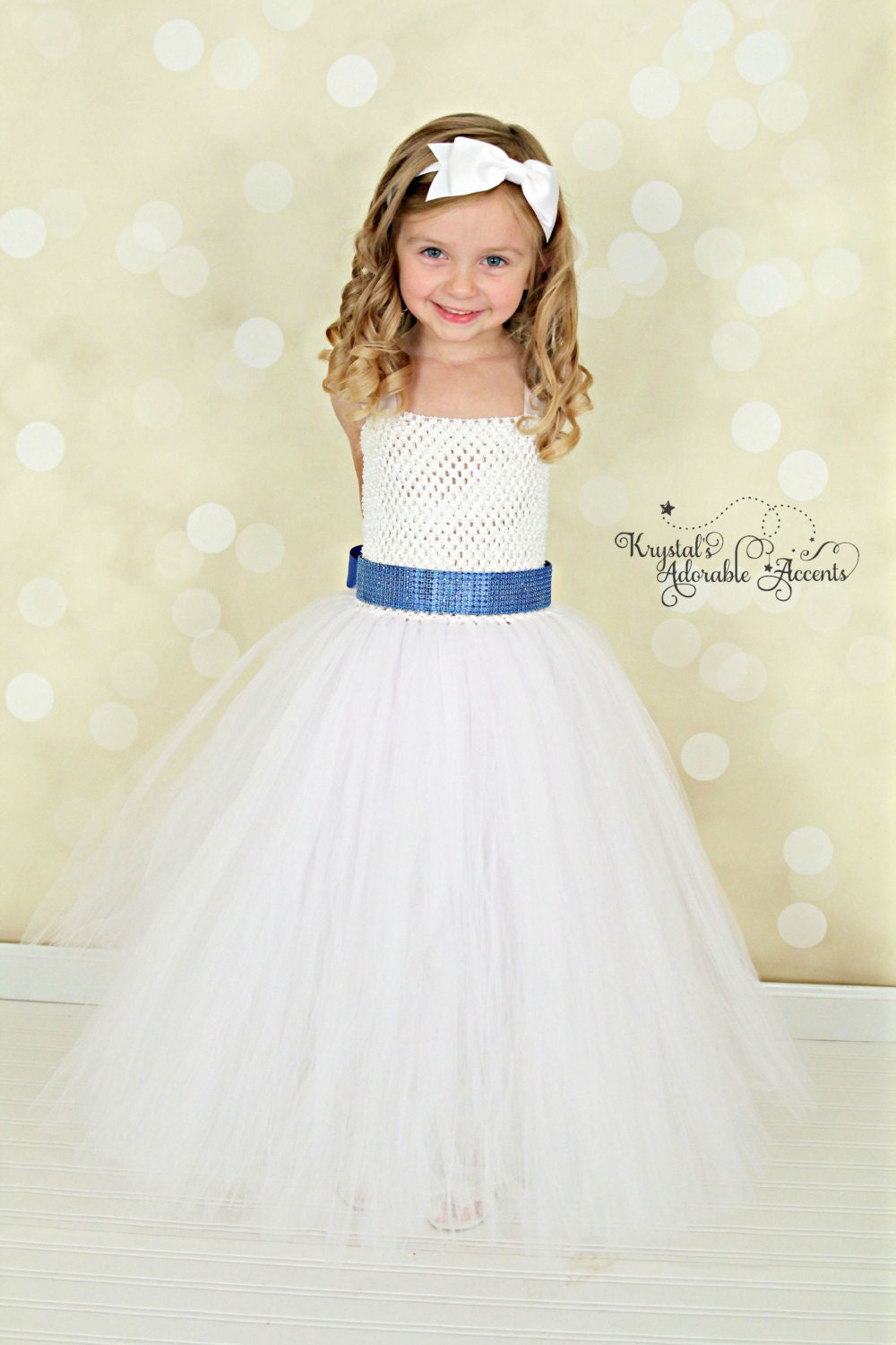 White and Blue Rhinestone Flower Girl Tutu Dress