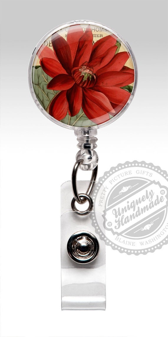 Name Badge Reel Red flower floral Badge Holder Cute Badge