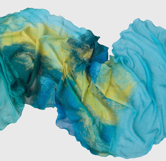 Blue green yellow silk scarf Through The Wave by KaterinaKelberg