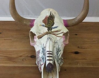 Vintage Mexican Folk Art Painted Cow Skull
