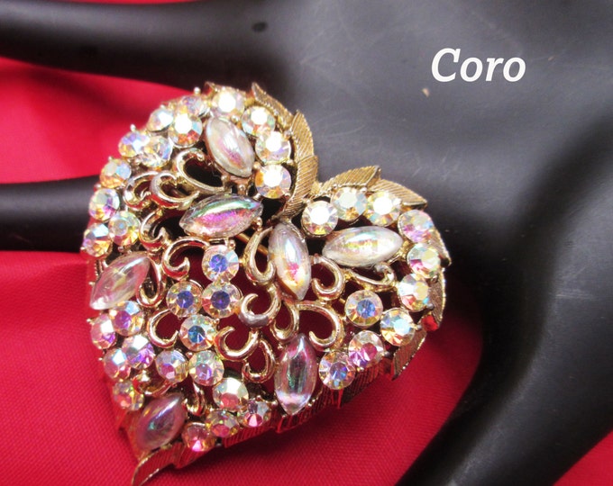 Coro Rhinestone Heart Brooch - Crystal glass cabochons - Aurora borealis rhinestone pin