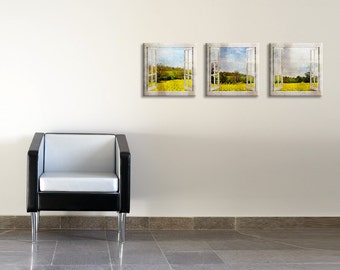 Set of 3 printed canvas art - Mustard fields window view printed on canvas art - Wedding gift