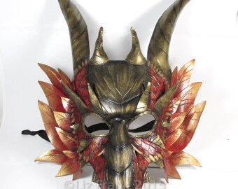 Deluxe Dragon mask! Leather Dragon mask, Red and Gold, FREE SHIPPING in US*!, Halloween, Larp mask, Theater Costume, Masquerade