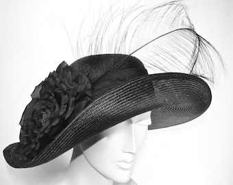 WIDE BRIM Black Kentucky Derby Hat, Women's Hat with Feathers, Black Asymetrical Brim Hat