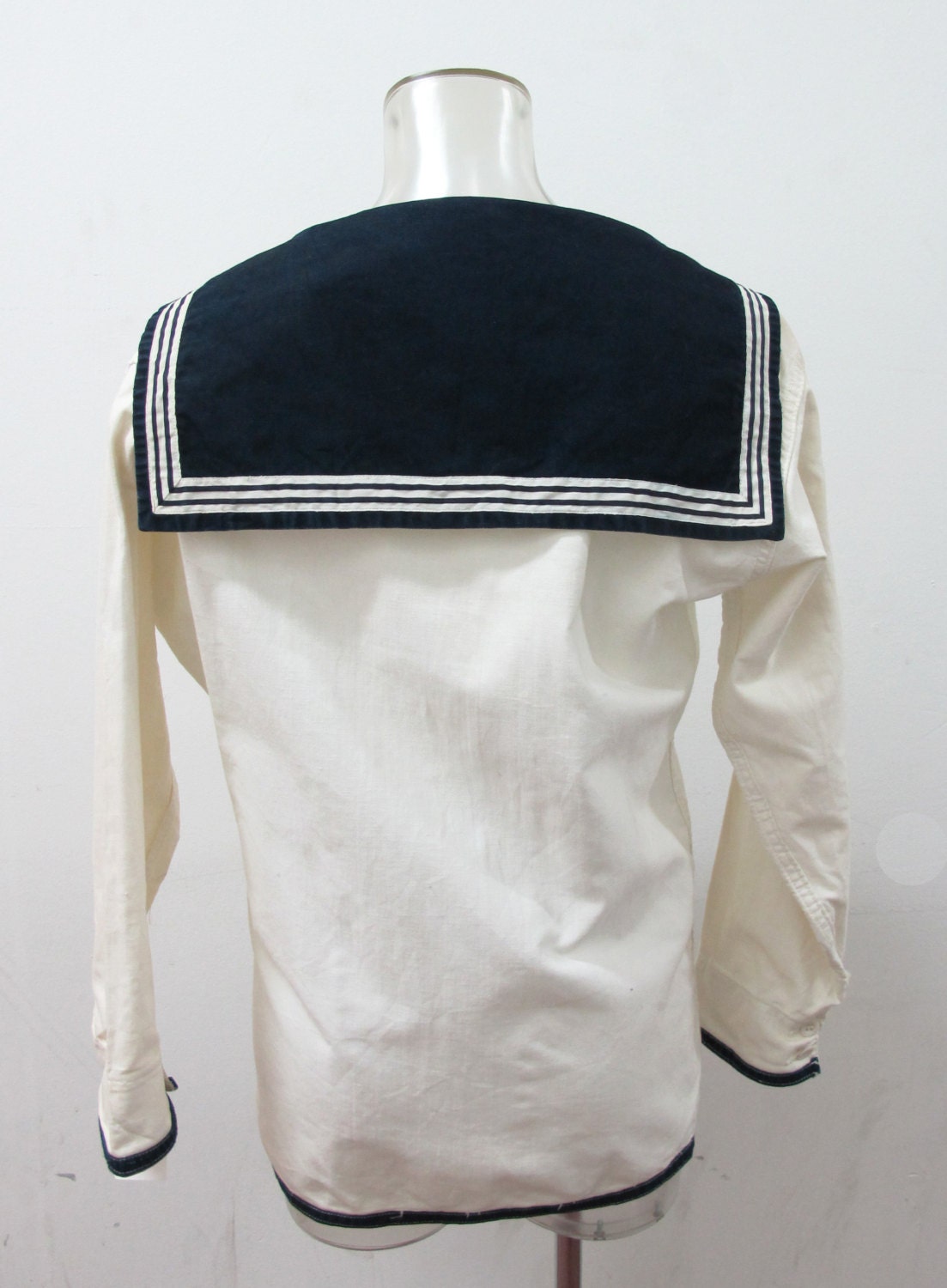 SOLD 1940s Sailor Suit Shirt with Navy Blue Collar Cuffs