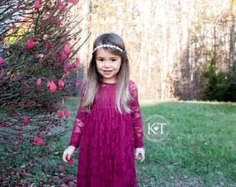 Ready to Ship- Long Sleeve Burgundy Lace Sweetheart Dress- Flower Girl, Wedding, Girl, Toddler, country, rustic dress, fall, winter, red