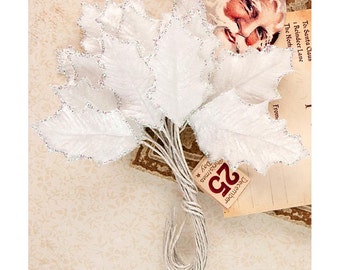 HOLLY LEAVES, Velvet Holly Leaves, Christmas Holly Leaves, Christmas Holly, White Velvet Leaves, White Velvet Holly, Christmas Holly Leaves