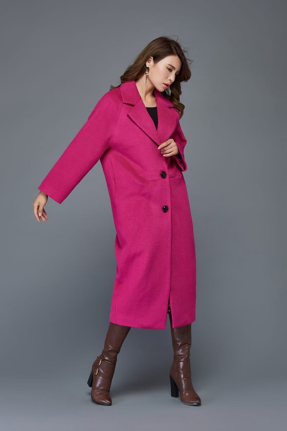 Fuchsia pink coat winter coat wool coat womens coats loose