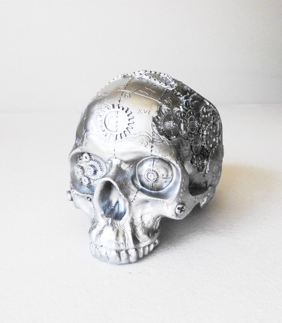 NEW - Machine Skull, Human Skull, Steampunk, Steampunk Skull, Skulls, Silver Skull, Skull Decor, Steampunk Decor, Human Replica Skull, by hodihomedecor steampunk buy now online