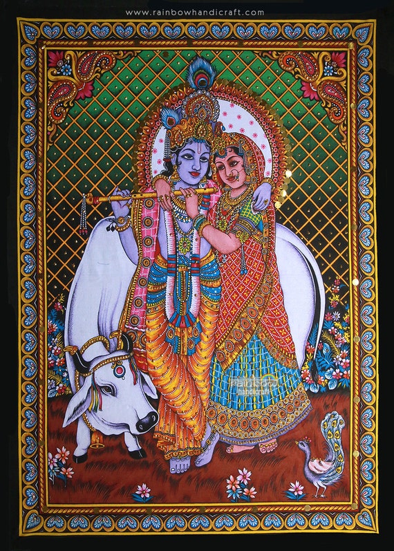 hindu god of love radha krishna sequin wall hanging Indian