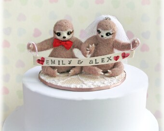 Sloth Wedding Cake Toppers - Unique Needle Felted Three Toed Sloths Topper Alternative Marriage Decor with Customisable Banner