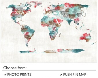 Very large Custom World Map Print with Watercolour Texture. Choice of sizes and background. Travel map, heart map, Office Art or pushpin map