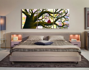 Custom Family Tree Painting - Large Multi Canvas Tree of Life w/ Rainbow + Blue Birds - Modern Family Name Woodland Wall Art for Bedroom