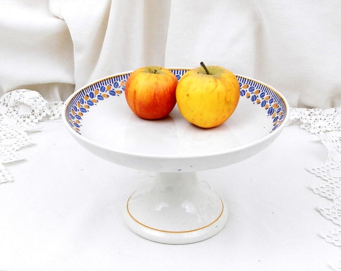 Antique French Porcelain Cake Stand White with a Simple Blue and Yellow Motif, French Country Decor, Chateau Chic, Vintage Home, Fruit Plate