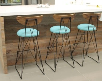 Mid century industrial bar stool ,seat height 30",walnut back, choice of fabric