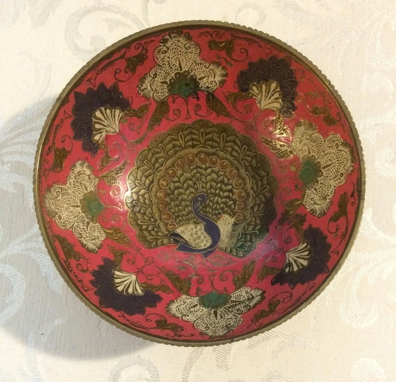 Vintage Brass Bowl Vintage Peacock Pink Bowl by tinprincess