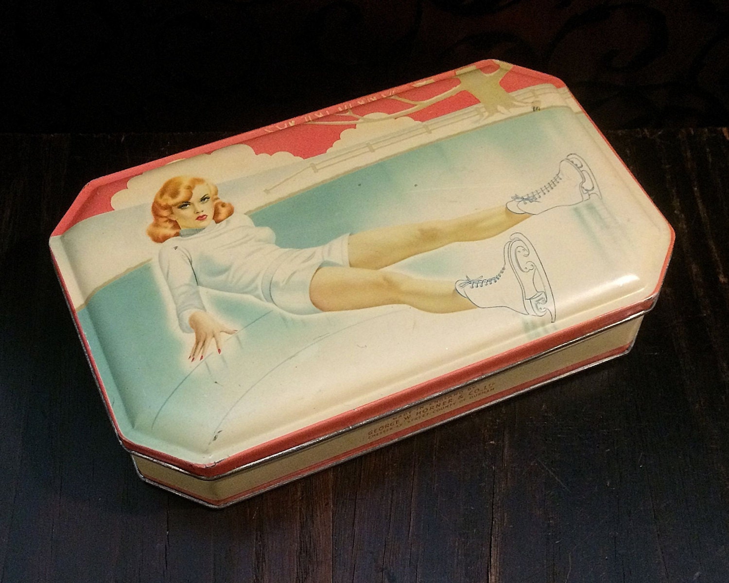 1940s Pin Up Girl Vintage Candy Tin Ice Skater Sexy Blonde Pinup