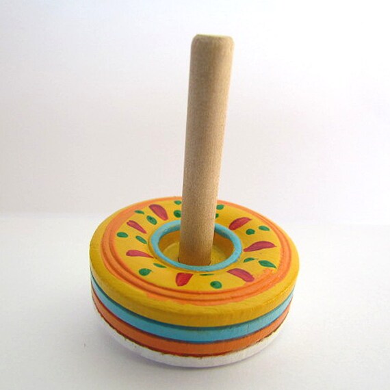 Bright Coloured Yellow Spinning Wooden Spin Top Toy Eco