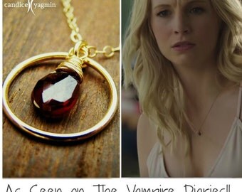Vampire Diaries Necklace - Garnet Gemstone Wire Wrapped Briolette Teardrop Necklace - January Birthstone - Garnet Necklace