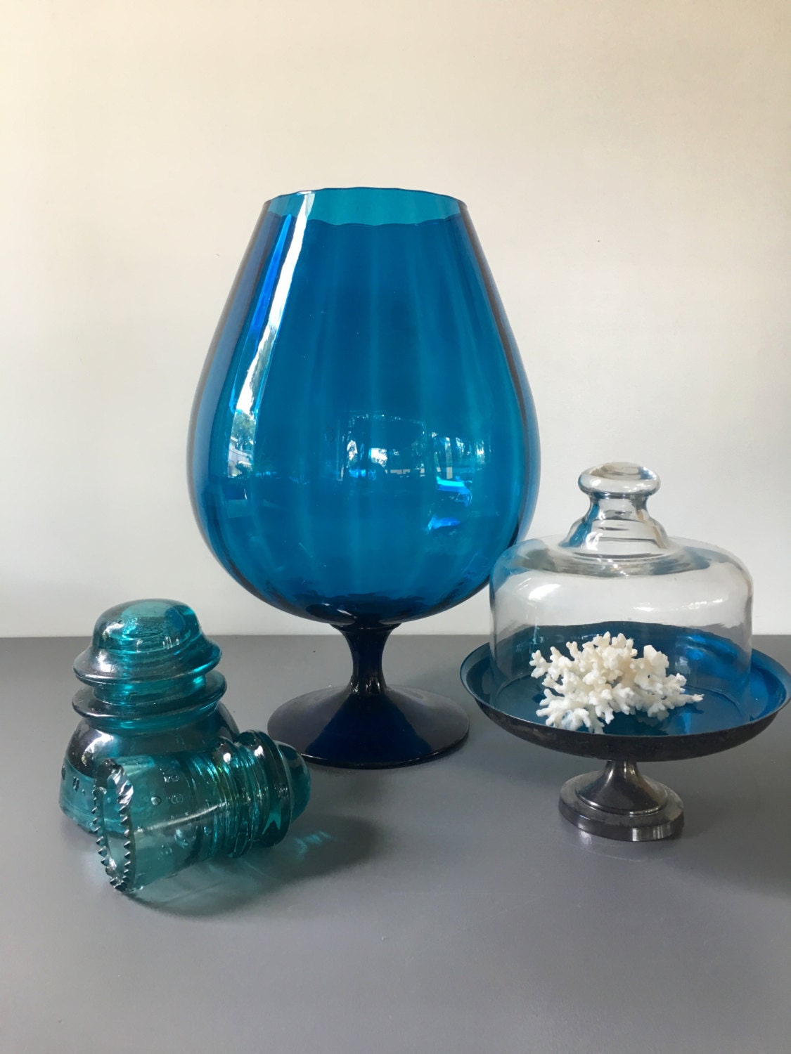 Vintage Large Footed Vase Peacock Blue Optic Glass Blown 0550