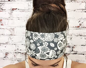 Yoga Headband - Sugar Skulls - Black & White - Eco Friendly