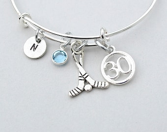 Field Hockey Bangle Bracelet, Stainless Steel Bangle, Personalize, Birthstone, Initial, Hockey Sticks, Jersey Number, Gift For Her