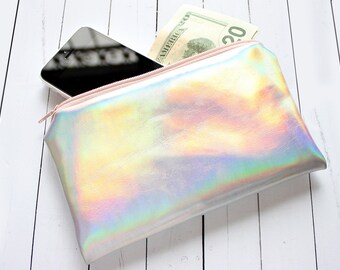 Rainbow Pouch / Holographic bag, iridescent bag, small pouch, faux leather, pastel pouch, customizable color zipper