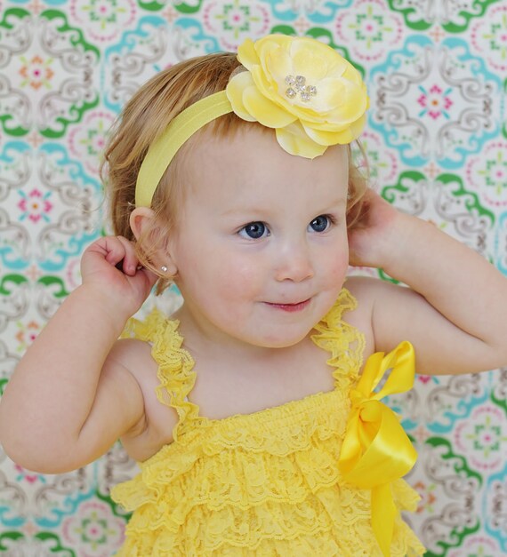 Items similar to yellow baby romper/ romper and headband SET/lace petti ...