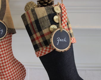 Christmas Stocking Tags - Personalized Wooden Tree Slice Stocking Tags with Hand Calligraphy in White with Jute Tie