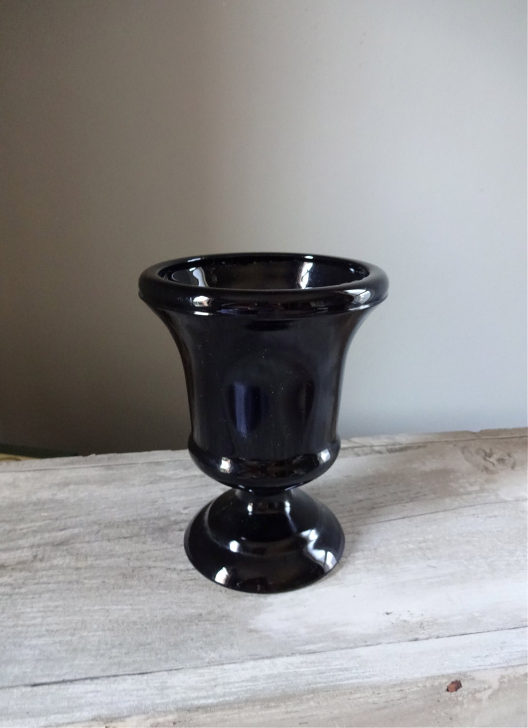 1920s Black Amethyst Urn Vase Glass Footed Pedestal Flared Rim