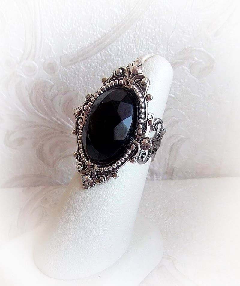 Black jewel ring gothic victorian ring black by MidnightVision