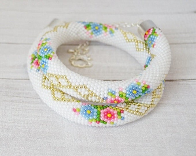 Flower pastel Necklace tube Seed beads necklace Beaded crochet rope Gift for her Wedding necklace White necklace Womens girls knitted tube